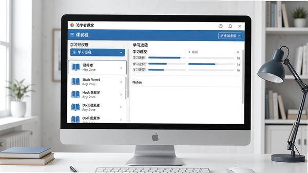 一幅展示笃学者课堂电脑端主界面的高清截图,界面包含课程列表、学习进度条、笔记区域,背景为简约的书房场景,整体色调以蓝色和白色为主,画面清晰,细节丰富,突出软件的专业与整洁感。