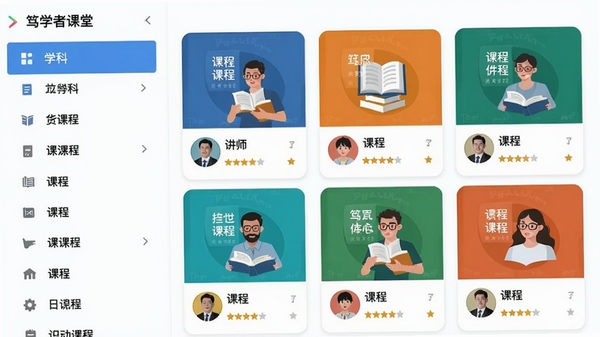 展示笃学者课堂的课程分类导航界面,左侧为学科列表,右侧为课程卡片墙,卡片上显示课程封面、讲师头像与评分,整体设计扁平化,色彩明快,体现资源丰富与分类清晰。