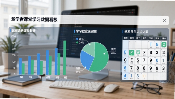 展示笃学者课堂的学习数据看板,包含柱状图、饼图与学习日历,数据以蓝色和绿色为主,界面简洁清晰,背景为模糊的办公桌,体现数据可视化与学习管理功能。