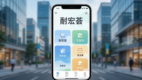 耐宏荟生活服务应用主界面预览图,展示首页功能卡片布局,背景为模糊的现代城市街景,色彩明亮清新,整体风格简洁现代,突出软件名称“耐宏荟”字样,适配手机竖屏展示