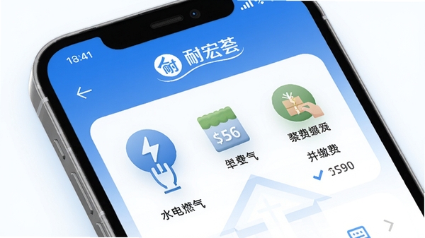 耐宏荟生活缴费功能页面示意图,展示水电燃气等缴费图标,背景为手机界面放大效果,色调以蓝色和白色为主,突出“耐宏荟”品牌标识,画面干净整洁,适合功能展示