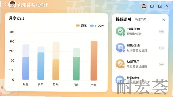 耐宏荟智能提醒与账单统计界面,展示月度支出柱状图与提醒列表,背景为柔和的渐变底色,搭配拟物化图标,整体风格温馨实用,突出软件名称“耐宏荟”的水印效果