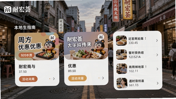 耐宏荟本地生活指南页面,展示周边商家优惠卡片与活动列表,背景为模糊的街道实景,卡片圆角设计,色彩活泼,左上角有耐宏荟logo水印,整体风格生活化