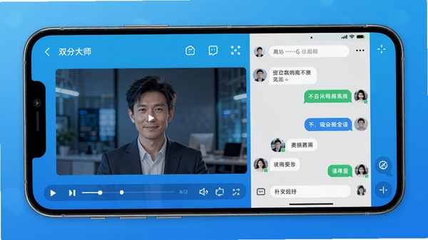 双分大师主界面预览图,手机屏幕一分为二,左侧显示视频播放画面,右侧显示社交聊天窗口,背景为渐变的科技蓝,界面简洁现代,图标清晰,整体风格明亮通透