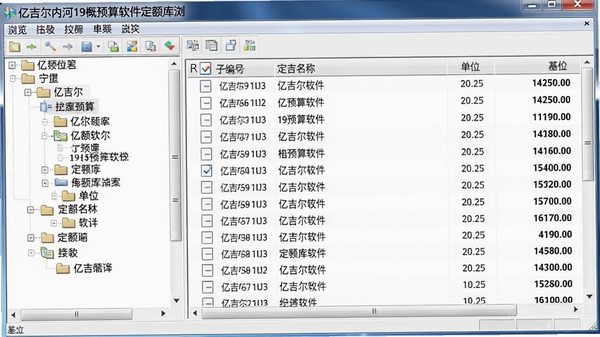 亿吉尔内河19概预算软件定额库浏览窗口,左侧分类树,右侧显示定额子目编号、名称、单位及基价,界面布局规整,字体清晰