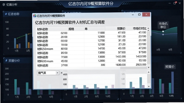 亿吉尔内河19概预算软件人材机汇总与调差窗口,显示材料名称、规格、单位、预算价与市场价对比,背景有数据图表分析
