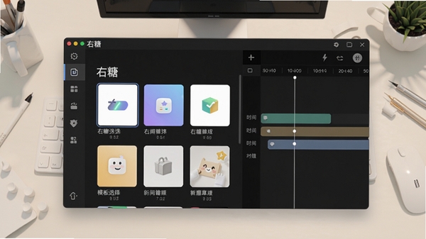 右糖主界面预览图,展示其简洁的模板选择区与时间线编辑区,背景为浅色调的工作台场景,画面主体突出“右糖”软件界面,风格明亮清晰
