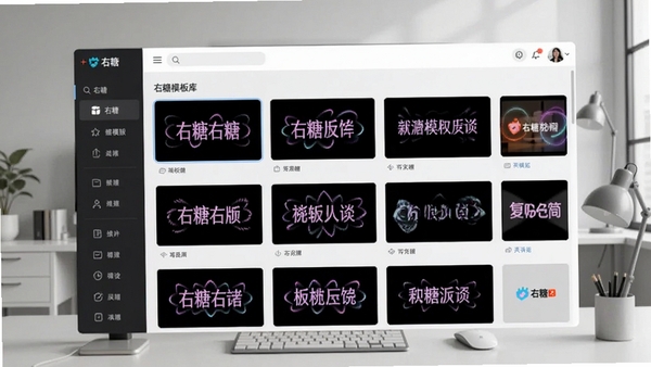 右糖模板库界面,展示多种动态文字动画效果缩略图,背景为现代简约风格的工作环境,画面中突出“右糖”丰富的模板分类与预览效果