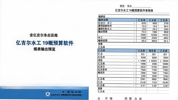 亿吉尔水工19概预算软件报表输出预览,展示包含封面、编制说明、汇总表的完整预算书样式,表格线条清晰,数据整齐