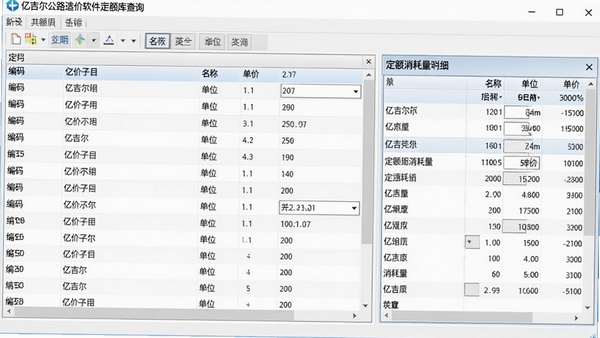 亿吉尔公路造价软件定额库查询界面,显示定额子目列表,包含编码、名称、单位、单价等信息,右侧为定额消耗量明细窗口,界面采用分栏布局,数据展示清晰,整体风格专业严谨