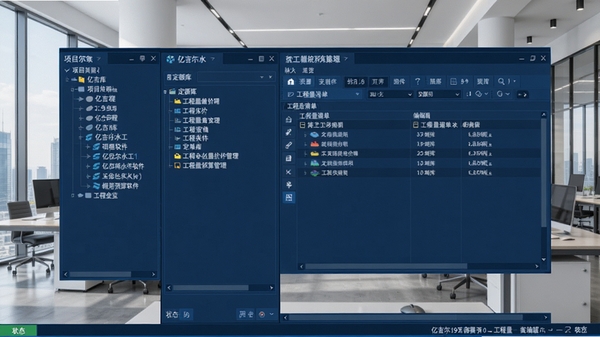 亿吉尔水工19概预算软件主界面全览,展示项目导航树、定额库、工程量清单编辑区与底部状态栏,界面采用深蓝色专业风格,背景为现代化办公室环境,整体画面清晰明亮,突出软件在水利工程造价管理中的核心地位