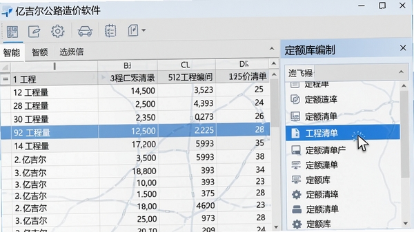 亿吉尔公路造价软件的操作界面局部特写,聚焦在智能清单编制模块,屏幕上显示一个条目清晰的工程量清单表格,右侧为定额库选择面板,鼠标光标悬停在一条定额上,界面配色以浅灰与蓝色为主,图标线条简洁,整体风格清爽专业,适合软件截图展示。
