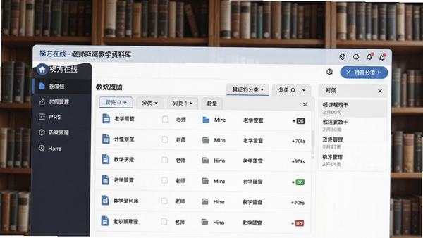 梯方在线-老师端教学资料库界面,展示文件列表与分类标签,背景为书架,营造知识管理氛围,画面整洁有序