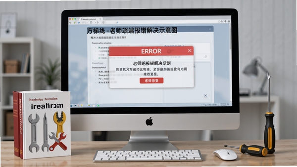 梯方在线-老师端报错解决示意图,画面中电脑屏幕显示错误提示框,旁边有工具书和螺丝刀,象征问题修复,风格写实