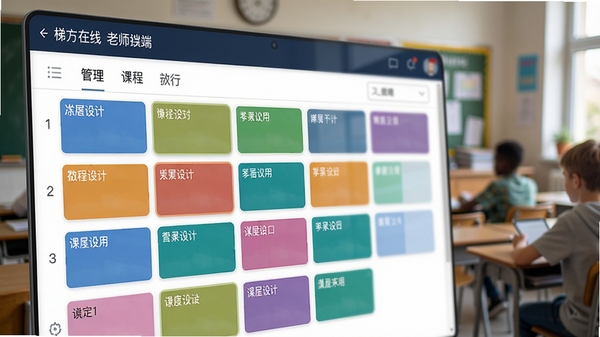 梯方在线-老师端课程日历特写,界面中清晰标注不同颜色的课程块,背景为模糊的教室环境,突出软件的日程管理功能,画面层次分明