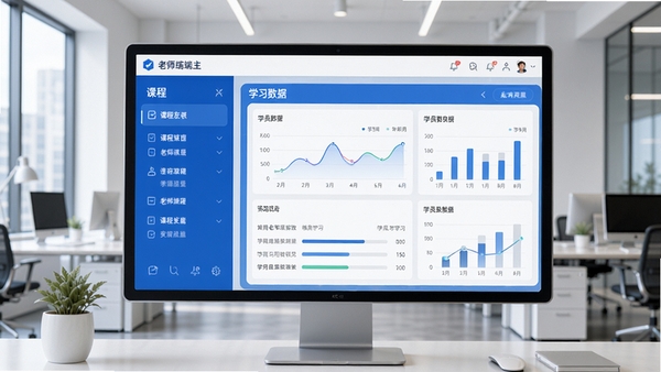 梯方在线-老师端主界面展示,左侧课程列表,右侧学员学习数据面板,背景为现代简洁的办公室环境,整体色调以蓝白为主,界面清晰明亮,风格写实,细节丰富,画面主体突出。