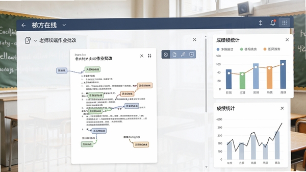 梯方在线-老师端作业批改界面,显示学生提交的试卷与批注工具,右侧是成绩统计图表,背景为明亮的教室一角,画面清晰,色彩自然。