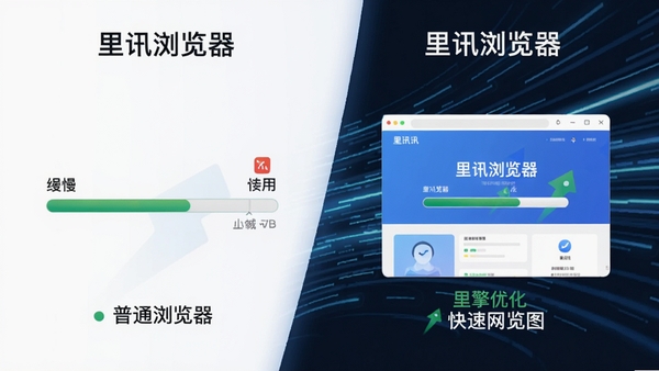 里讯浏览器网页加载速度对比示意图,左侧为普通浏览器加载缓慢的进度条,右侧为里讯浏览器快速加载完成的页面,背景为抽象的速度线条,强调其引擎优化带来的流畅体验
