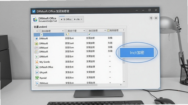展示DRMsoft Office文档加密工具批量添加文件的操作界面,窗口内显示多个文档列表,加密按钮高亮,背景为浅灰色工作台,强调高效处理能力。