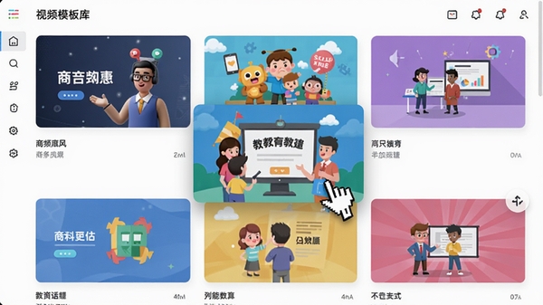 来画视频模板库界面,展示多套风格各异的动画模板缩略图,包含商务风、卡通风、扁平风等,界面网格布局,鼠标悬停在一套教育主题模板上。