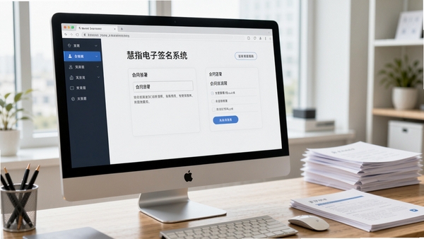 慧指电子签名系统主界面,展示合同签署流程,背景为办公桌面,包含电脑屏幕和纸质文件,画面风格写实,光线明亮