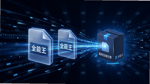 全能王文件压缩高效压缩引擎示意图,展示文件被快速压缩成小体积压缩包的动态效果,背景带有数据流线条,科技感十足