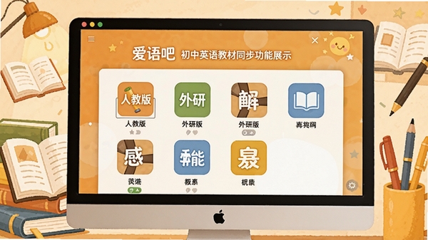 爱语吧初中英语教材同步功能展示图,电脑屏幕上显示不同教材版本的选择界面,包括人教版、外研版等图标,背景是书本和文具的插画风格,色彩温暖,突出同步学习的概念