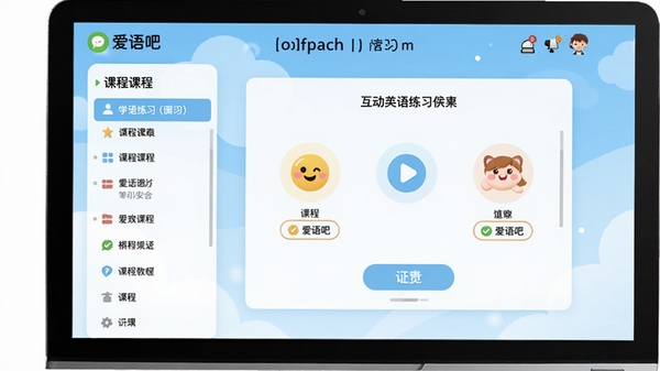 爱语吧初中英语软件主界面预览图,电脑屏幕显示单词学习模块,界面清新简洁,左侧是课程列表,右侧是互动练习区,背景为淡蓝色渐变,整体风格明亮活泼,适合中学生使用的教育软件界面设计
