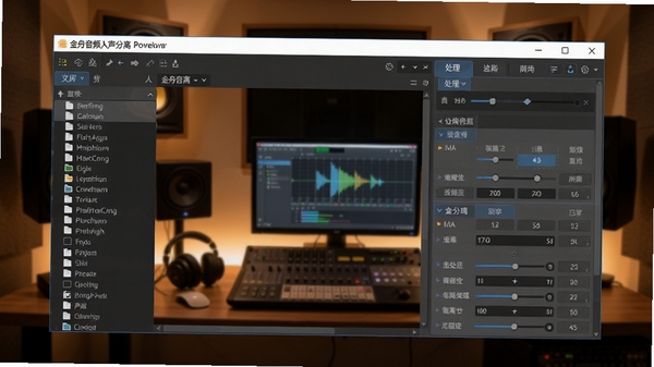 金舟音频人声分离软件主界面预览图,展示软件整体布局,左侧为文件列表,右侧为处理参数面板,背景为工作室场景,暖色调灯光,画面清晰,科技感强