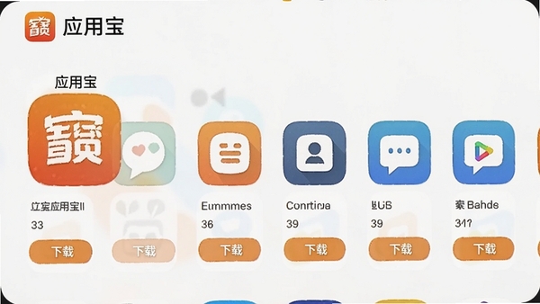 应用宝软件库界面展示,显示多个软件图标和下载按钮,背景为浅色,突出“应用宝”品牌标识