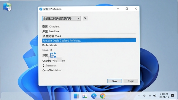 全能王定时关机安装向导截图,显示安装路径选择界面,蓝色高亮显示安装目录,背景为Windows 11桌面,窗口风格与系统一致,真实感强