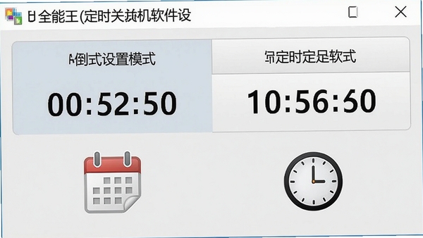全能王定时关机软件设置定时模式的功能界面截图,显示倒计时和具体时间点两个选项卡,下方有日历图标和时钟图标,背景为浅灰色,界面清晰,文字可读性强