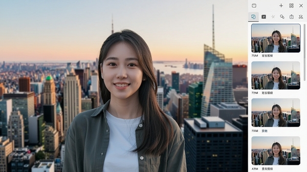一键抠图背景替换功能演示,一张人物照片的背景被替换成城市风景,人物与背景融合自然,光线和色调协调,界面右侧有背景模板选择区,展示软件的编辑能力