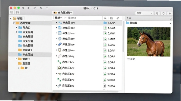赤兔压缩智能文件管理界面截图,左侧为文件夹树状结构,右侧显示压缩包内文件列表,并有预览窗口展示图片内容,整体界面清晰,布局合理,色彩柔和