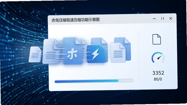 赤兔压缩极速压缩功能示意图,展示多个文件正在被快速处理,界面带有进度条和速度指标,背景为动态数据流效果,色调以蓝色和白色为主,体现高效与科技感