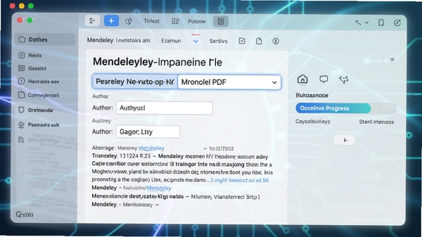 Mendeley 正在自动提取PDF文献信息的界面,展示一篇学术论文的标题、作者、摘要等元数据被自动填充到对应字段,旁边有进度条提示,背景为软件主界面,色调柔和,科技感强。