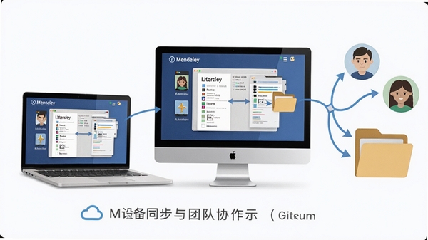 Mendeley 跨设备同步与团队协作示意图,展示一台笔记本电脑和一台台式机同时登录同一账户,文献库数据同步更新,旁边有团队成员头像和共享文件夹图标,体现云同步与协作的便捷性。