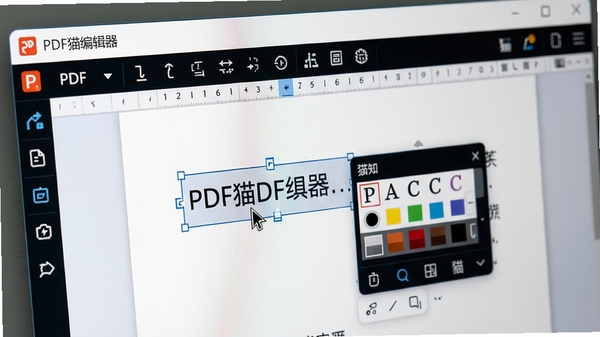 特写镜头,电脑屏幕显示PDF猫编辑器的编辑界面,正在修改PDF文档中的文字,选中文字后有浮动工具栏显示字体颜色选项,光标闪烁,界面清晰,软件名称“PDF猫编辑器”显示在窗口标题栏,高清,细节丰富