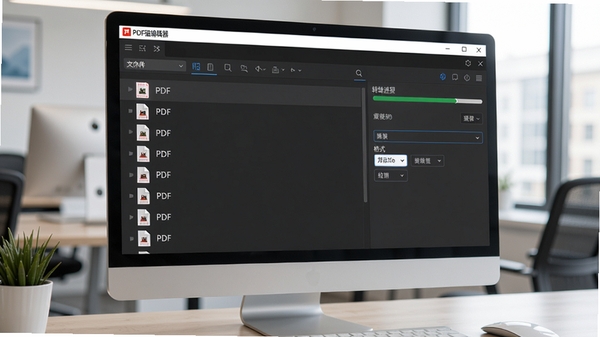 电脑屏幕展示PDF猫编辑器的批量转换界面,左侧文件列表包含多个PDF文件,右侧显示转换进度条和格式选项,界面整洁,软件名称“PDF猫编辑器”出现在顶部菜单栏,现代办公风格,高清