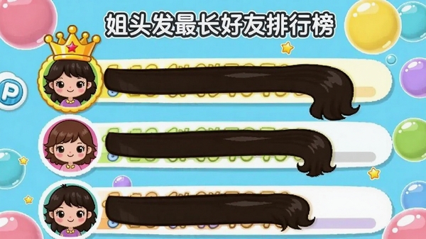 姐头发最长好友排行榜界面,展示多个卡通头像与头发长度条,排名第一的用户有皇冠标识,背景为多彩气泡,整体风格活泼可爱。
