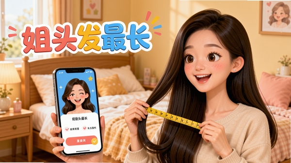 姐头发最长应用界面主视觉,展示一位长发女性用户正在手机前测量头发长度,背景为温馨的卧室,整体色调明亮活泼,突出应用名称“姐头发最长”的趣味感。