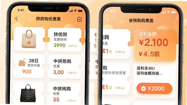 拼拼购优惠多软件主界面预览图,手机屏幕内展示各类商品优惠券列表和返利金额,背景为淡雅的暖色调,商品图片清晰,界面布局简洁,整体风格明快,突出省钱购物主题