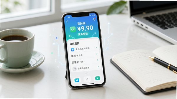 拼拼购优惠多版本更新日志示意图,背景为现代简约的办公桌,手机屏幕显示应用更新界面,旁边有咖啡杯和笔记本,画面色调清新自然,突出软件更新换代的科技感