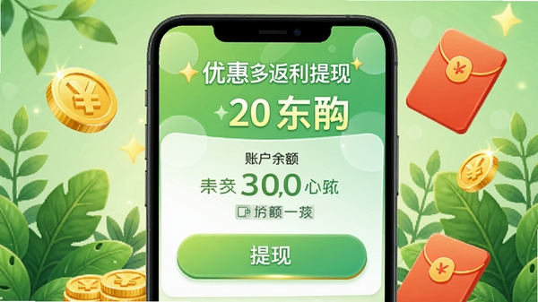 拼拼购优惠多返利提现页面,显示账户余额和提现按钮,背景为清新的绿色植物元素,搭配金币和红包图标,视觉上突出返利收益的惊喜感,画面明亮活泼