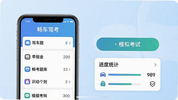 畅车驾考主界面预览图,展示手机屏幕上的驾考题库列表、模拟考试按钮和进度统计卡片,背景为简约浅蓝色渐变,整体风格干净明亮,突出软件名称与核心功能