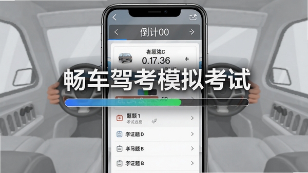 畅车驾考模拟考试界面截图,显示答题卡、倒计时和题目选项,背景为浅灰色模拟考场风格,手机屏幕中央突出软件名称和考试进度条