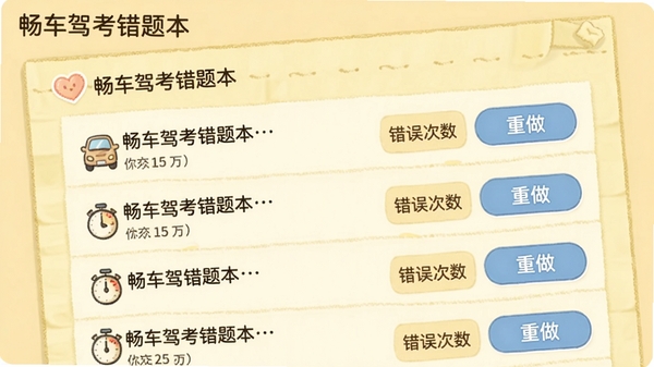 畅车驾考错题本界面,列表展示错题题目、错误次数和重做按钮,背景为淡黄色便签纸风格,左上角标注软件名称,整体色调温馨