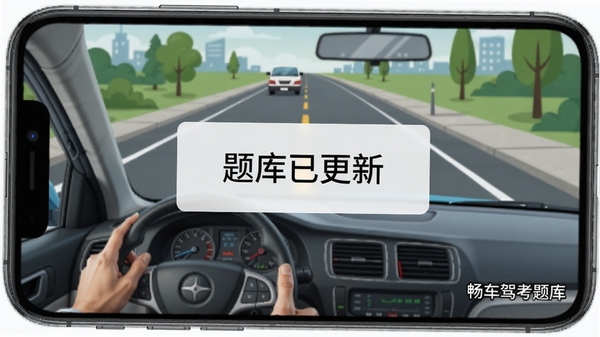 畅车驾考题库更新提示界面,手机屏幕中央显示“题库已更新”弹窗,背景为道路驾驶场景插画,右下角标注软件名称,风格写实