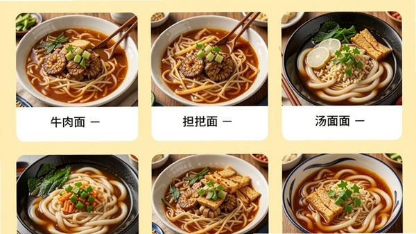 汤面道菜谱列表页面,手机屏幕显示多道汤面菜谱缩略图,包括牛肉面、担担面、乌冬面等,背景为淡黄色,界面简洁,食物图片诱人,突出APP的丰富内容