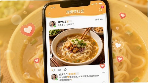 汤面道社区页面,手机屏幕显示用户分享的汤面照片和评论,背景为暖色,有爱心点赞图标,界面活跃,体现社交属性